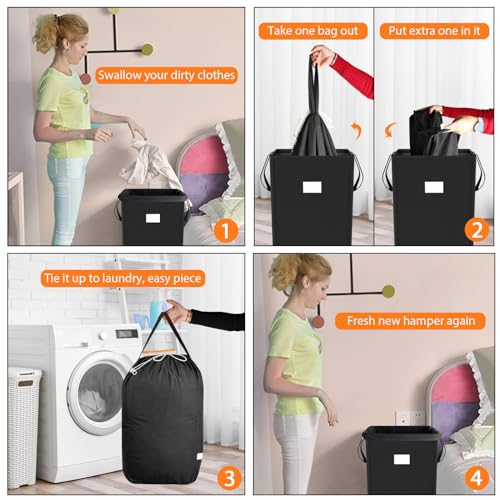 MCleanPin 225L Laundry Hamper Collapsible Laundry Basket with Laundry Bags, Dirty Clothes Hamper,Laundry Basket with Handles Foldable Hamper Dorm and College Machine Washable Bags (Classic Black) - color: Black