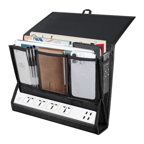 AKAYOK Bedside Caddy Hanging Bed Organizer Storage Bag Pocket with Power Strip Holder Multi-functional Organizer Caddy for Remotes Phone Glasses Magazines, Tablets, Accessories (7 pocket) - size: 7 pocket