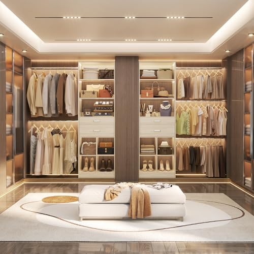 Besiost Closet System, 4-8 FT Closet Organizer Tower with 2 Wooden Drawers and Shelves, Can Fit 60 to 96 inch Walk-in Closet System with 5 Hang Rods, Built-in, Greige Oak - color: Greige Oak