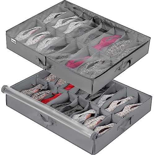 INAYA Under Bed Shoe Storage Organizer 2 Pack, Fits 32 Pairs, Large Underbed Shoe Box Storage Containers, Clear Foldable Shoes Organizer Under the Bed Sturdy Structure with Hard Bottom Support - size: 16+16 Cells (Bottom Support)