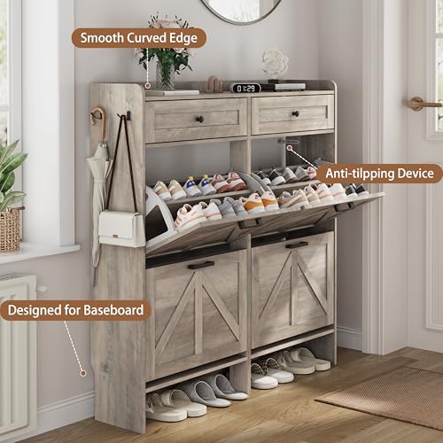 Shoe Cabinet with 4 Flip Drawers & 2 Top Drawers, 43" Tall Freestanding Narrow Wooden Shoe Storage Organizer for Entryway, Hidden Slim Shoe Rack for Front Door Entrance, Hallway, Living Room, Grey - color: Grey, size: 4 Flip Drawers