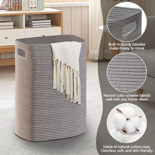 MEGASKET Large Laundry Hamper 16"x13"x22" - Tall Woven Laundry Basket, Cotton Rope Dirty Clothes Hamper, Baby Kids Nursery Wicker Laundry Basket, Bedroom Aesthetic, Soft Laundry Bin, Gray Hamper, 75L - color: Gray