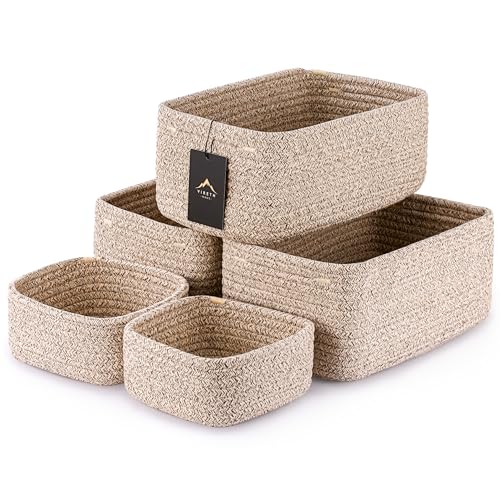 5-Pack Small Woven Rope Storage Baskets – 2 Sizes Organizer Bins for Closet, Shelf, Bookshelf, Nursery, Changing Table, Fabric Cube Boxes, Rectangular Shallow Bins for Bathroom, Toy & Home - color: Natural