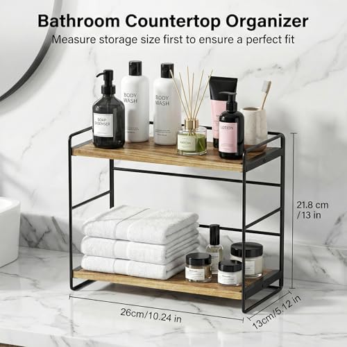 SRIWATANA 2 Pack Bathroom Counter Organizer, 2 Tier Countertop Organizers, Kitchen Counter Shelf Spice Rack Countertop Storage Wood Shelf - Carbonized Black