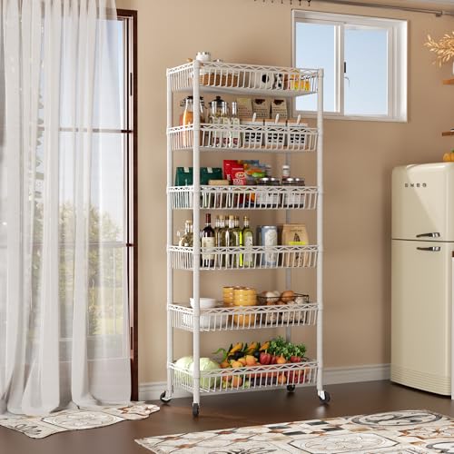 SINGAYE 6 Tier Big Basket Shelf Wire Shelving Unit Adjustable Storage Shelves Rack for Garage Kitchen Office Pantry Corner Metal with Wheels White - color: White, size: 6-Tier[30"Dx13.5"Wx65"H]