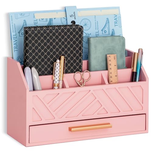 dreampossible Pink Wood Desk Organizer and Accessories with Drawer, Bill Mail Organizer and File Mail Holder for Office Supplies, Modern Desk Accessories & Workspace Organizers for Desk Organization - color: Pink A