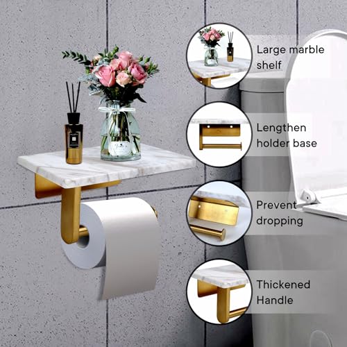 Toilet Paper Holder with Natural Marble Shelf for Bathroom Washroom,Wall Mounted Tissue Holder Suitable for Mega Roll (Brushed Gold, Middle 7.87 * 4.72 in) - color: Brushed Gold, size: Middle 7.87 * 4.72 in
