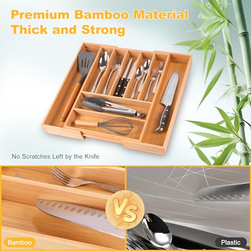 Large Premium Bamboo Silverware Organizer - Expandable Drawer Organizer & Utensil Organizer - 17"x19.7" Cutlery Tray with Dividers for Kitchen Utensils and Flatware (7-9 Slots) (Natural) - color: Natural, size: 9 Slots Expandable