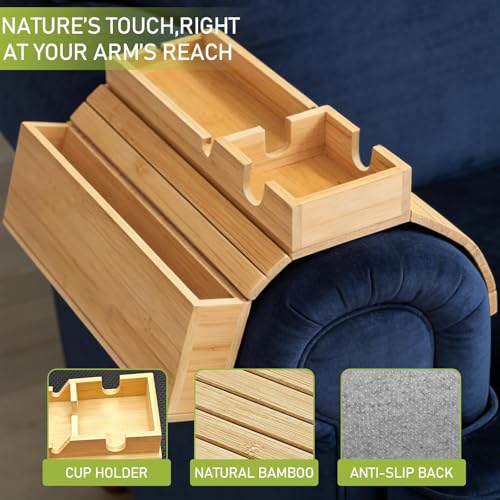 Bamboo Couch Armrest Table with Side Pocket, Anti-Slip Sofa Arm Tray & Tv Remote Holder and Cup Holder Tray, Perfect for Holding Drinks, Snacks, Remotes, Cups, and Phones