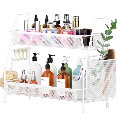 VITVITI 2-Tier Bathroom Organizer Countertop, Metal Wire Mesh Bathroom Counter Organizer Storage with Basket Hooks, Vanity Tray Shelf, Kitchen Spice Rack, White - color: Large White Wire Mesh