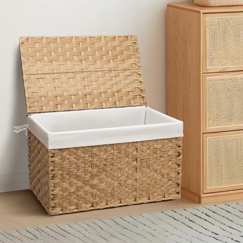 Wicker Storage Basket with Lid, 52.8 Gallon (200L) Large Blanket Basket with Lid, Woven Storage Bin with Handles, Removable Liner, Metal Frame, Foldable, for Bedroom, Laundry Room, Natural - color: Natural, size: 200L:19.7 x 31.5 x 19.7 Inches