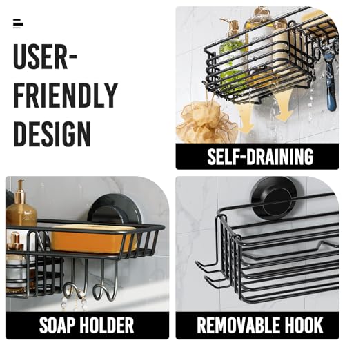 LEVERLOC Shower Caddy Suction Cup, Suction Caddy with Hooks and Soap Holder for Bathroom, No-Drilling Bathroom Shower Organizer, Black - color: Black, size: 1 × Medium