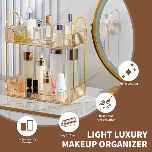 YCIA&DONE Bathroom Organizer Countertop, Makeup Storage, Skincare Cosmetic Tray Shelf, Perfume Holder Rack for Vanity Counter, Large Capacity, Easy to Install, Clean, 2 Tiers, Amber Gold - color: Amber Gold, size: 2-Tier