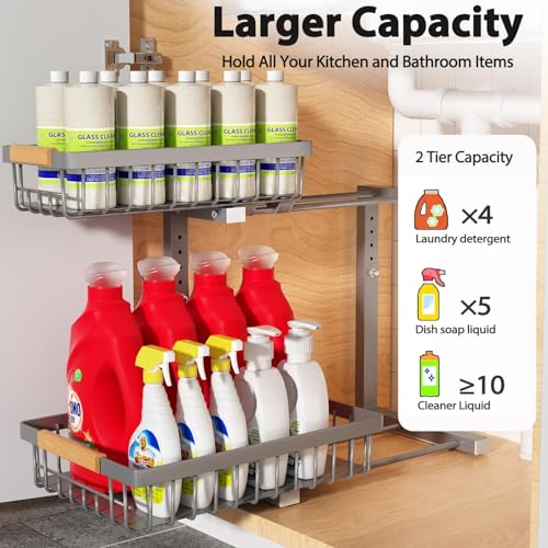 Liuoud Under Sink Organizer 2 Pack, 2 Tier Slide Out Large Capacity Height Adjustable Under Sink Organizers and Storage for Kitchen Bathroom Cabinet, Grey - color: Gray