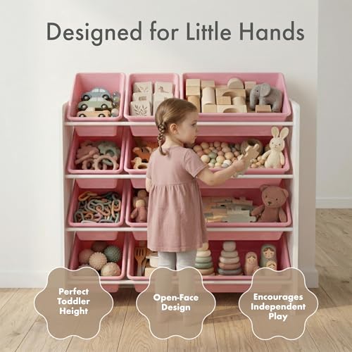 Humble Crew Toy Storage Organizer with 12 Removable Storage Bins for Kids Playroom, 4-Tier Toddler Toy Organization, White/Pink - color: White/Pink