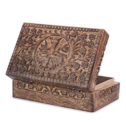 Ajuny Wooden Jewelry Box Tree of Life Carvings Travel Trinket Holder Storage Case Handmade Treasure Box Keepsake 8x5 Inch Multipurpose Organizer Unique Gifts for Men & Women - style: Center Small Tree