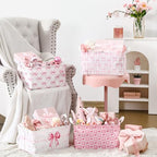 4 Pcs Pink Bow Storage Basket for Gifts Collapsible Girls Coqutte Pink Storage Bins with Handle Cute Preppy Foldable Laundry Organizer for Home Bathroom Bedrooms Baby Clothes Toys Books - style: Pink Bowknot
