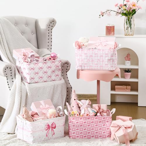 4 Pcs Pink Bow Storage Basket for Gifts Collapsible Girls Coqutte Pink Storage Bins with Handle Cute Preppy Foldable Laundry Organizer for Home Bathroom Bedrooms Baby Clothes Toys Books - style: Pink Bowknot