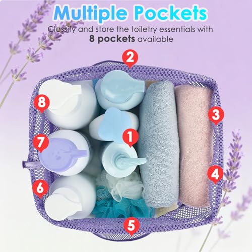 Fammart Mesh Shower Caddy Portable with Drawstring, Dorm Room Essentials for College Girls Guys, 8-Pocket Large Shower Bag Basket Tote for Camping Beach Gym Travel Toiletry Bathroom - color: Large, Drawstring Closure - Purple