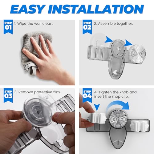 LELE LIFE 2 Pack Broom Holder Mop Hanger - Strong Suction Cup - No Drill Removable Broom Organizer Rack Wall Mount with Hooks for Bathroom Kitchen Garage, Clear Grey - color: Clear Grey