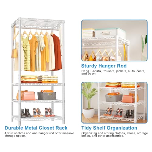 Ulif H4 Mini Portable Closet, 4 Tiers Freestanding Clothing Garment Rack for Small Space, Metal Clothes Wardrobe System for Bedroom, 23.6" W x 14" D x 76.4" H, Load 502 lbs, White - color: White, size: H4 Mini
