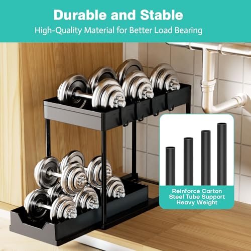 Under Sink Organizers 2 Pack, Pull-Out Sliding Cabinet Organizer with 2-Tier Storage Shelf & 4 Hooks, Multi-Purpose for Kitchen & Bathroom (13 Inch, Black) - color: Black