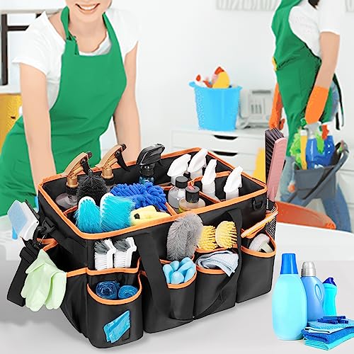 HODRANT Extra-large Wearable Cleaning Caddy, Organizer Bag for Housekeeper with Pad, Handle & Divider, Car Wash Tools Bag for Detailing Supplies, Orange Edge - color: Black with orange edge