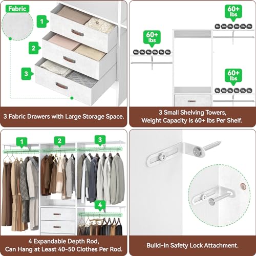 Armocity 5FT Small Closet System with 3 Fabric Drawers, 60 Inches Walk In Closet Organizer System With 3 Adjustable Shelves, Heavy Duty Clothes Rack Built-In Garment Rack, 59" L x 16" W x 71" H, White - color: White