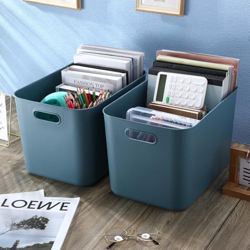Hoolerry 8 Pieces Colorful Storage Bins with Lid, Plastic Storage Basket Organizing Container Stackable Box with Handle for Shelves Desktop Playroom Office(14.2 x 10.2 x 9.5 Inch,Blue) - color: Blue, size: 14.2 x 10.2 x 9.5 Inch
