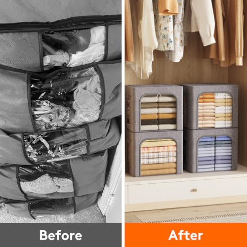 Lifewit Clothes Storage Bins with Metal Frame, Stackable Storage Box, Foldable Clothing Storage Bins with Lids, 40L Storage Bags Fabric Box Organizer with Clear Window＆ Zippers＆ Sturdy Handles 6 Pack - size: 40L