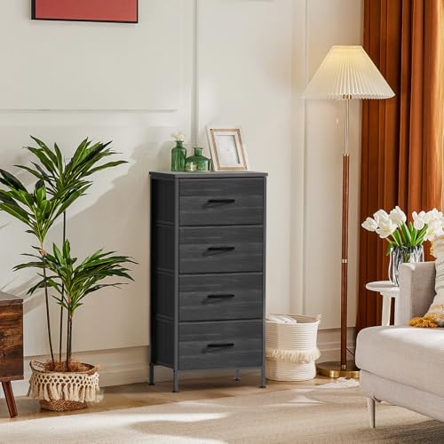 DUMOS Nightstand with 4 Drawers Bedside Table with Removable Fabric Bins Sturdy Steel Frame Wood Top Organizer Furniture for Bedroom Closet Living Room,Black Wood Grain - color: Black Wood Grain, size: 11.82"D x 17.71"W x 37.4"H (4 Drawers)