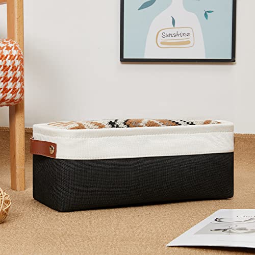 DULLEMELO Toilet Paper Storage Basket with Leather Handles, for Back of Toilet, Bathroom Storage for Towels & Paper (White & Black) - color: White&Black, size: Narrow-15"x6"x5.5"