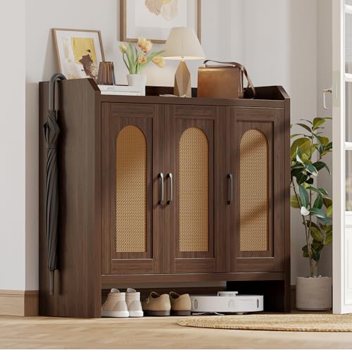 Mericonia Rattan Shoe Storage Cabinet, Farmhouse Shoe Cabinets Storage for Entryway, Boho Wooden Shoe Rack with 3 Doors for Entryway, Hallway (Walnut, 3 Door) - color: Walnut, size: 3 Door