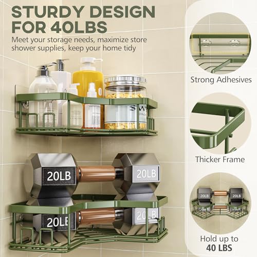 MAXIFFE 3 Pack X-Large Corner Shower Caddy with Soap Holder, Large Capacity Easy Install No Drilling Stainless Steel Hold 40 LB Shower Organizer Shelves Rack for Family Renters Bathroom, Forest Green - color: Green XL