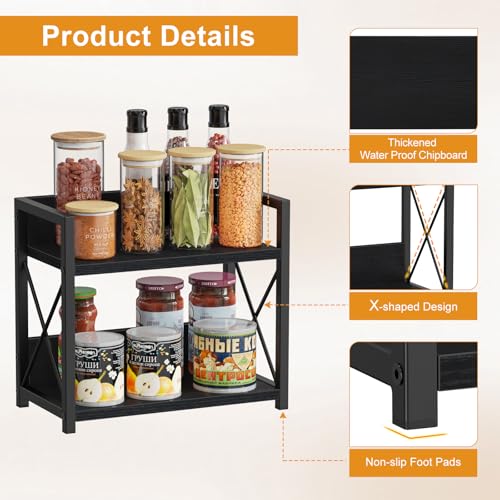 Giikin Kitchen Counter Shelf, 2 Tier Kitchen Spice Rack Organizer for Countertop, Wood Coffee Bar Organizer for Home (Black, S) - color: Black, size: Small