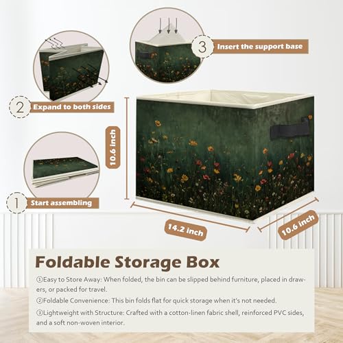 Dark Green Wildflower Storage Box Bins, Dark Cottagecore Floral Botanical Collapsible Storage Basket Organizer for Bedroom Laundry Room Home Clothes Toys Books, Toybox for Girls - color: Floral C