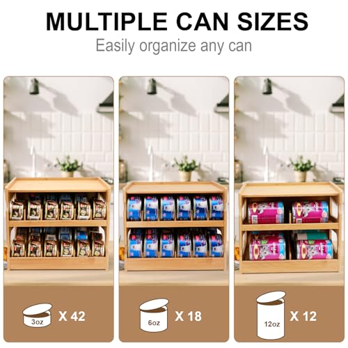 Bamboo Can Organizer for Pantry, 2 Tier Canned Cat Food Organizer for Kitchen Counter, Cat Food Storage Holds up to 36 Cans, Can Rack Organizer for Human and Pet Food Cans, FIFO Design
