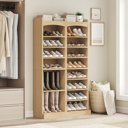 YATINEY 9-Tier Tall Shoe Rack, Wooden Shoe Storage Organizer, Narrow Shoe Cabinet with Removable Shelves for Small Spaces, Holds 18 Pairs of Shoes, for Entrance, Hallway, Natural SS22NL - color: Natural, size: 18.9"L x 13.4"W x 65.7"H