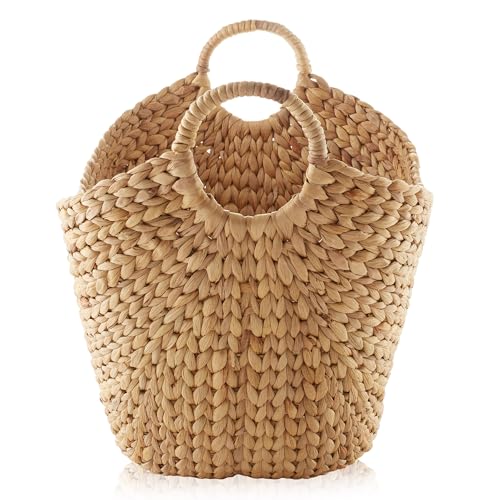 Casafield Large Laundry Boat Basket with Handles - Natural, Woven Water Hyacinth Multipurpose Storage Organizer for Throw Blankets, Bathroom, Bedroom, Living Room