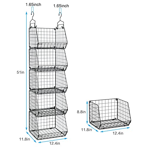 5 Tier Closet Hanging Organizer, Clothes Hanging Shelves with 4 Hanging Hooks 5 S Hooks, Wire Storage Basket Bins, for Clothing Sweaters Shoes Handbags Clutches Accessories Patent Design - color: Black