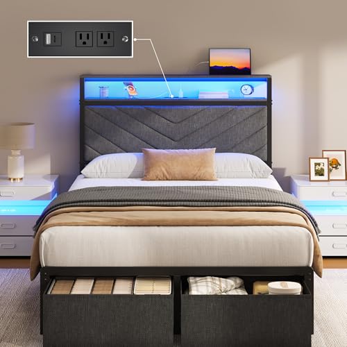 Fluest Twin Bed Frame with Storage Drawers, Upholstered Headboard with Charging Station, LED Lights, Fabric Drawers with Wheels, Under Bed Storage, No Box Spring Needed, Easy Assembly, Grey - size: Twin