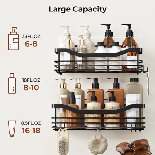Orimade Shower Caddy Basket Shelf Storage Rack, No Drilling Wall Mounted Adhesive Rust Resistant Stainless Steel Shower Organizer with 5 Hooks for Bathroom, Black 2 Pack - color: Black, size: 4.56"D x 11.02"W x 3.11"H