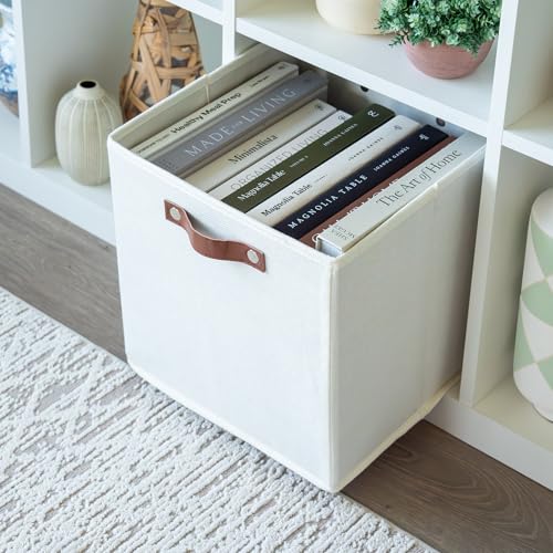 OrganiHaus White 12" x 12" x 12" Fabric Cube Storage Bins - Set of 4, Cube Fabric Organizer Bins with Vegan Handles, Kallax Storage Cubes, Cubbies Organizer Boxes, 12Inch Cubic Baskets for Shelves - color: Off-White, size: (12x12) Leather Handles