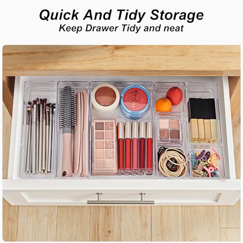SMARTAKE 25-Piece Drawer Organizer with Non-Slip Silicone Pads, 4-Size Desk Drawer Organizer Trays Storage Tray for Makeup, Jewelries, Utensils in Bedroom Dresser, Office and Kitchen (Clear) - style: 25 PCS