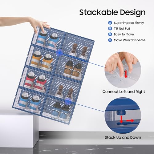 eWonLife Large Shoe Organizer Storage Box with Magnetic Door,12 Pack Clear Plastic Stackable Sneaker Containers for Closet, Connect Left and Right Shoe Box for Entryway, Drop Front, Under Bed (Blue) - color: Blue
