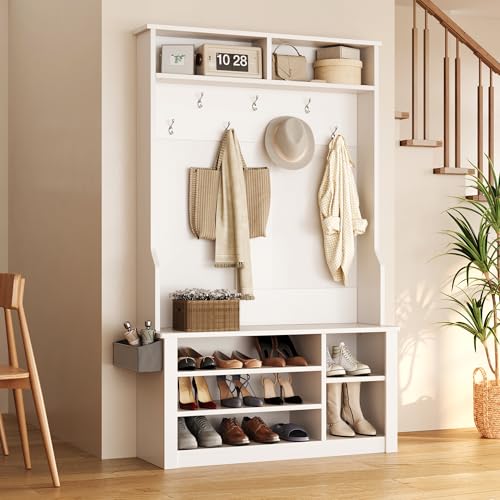 Aiho Hall Tree with Bench and Shoe Storage, 3-in-1 Entryway Hall Tree, with Adjustable Shoe Storage, for Entryway, Hallway, White - color: White