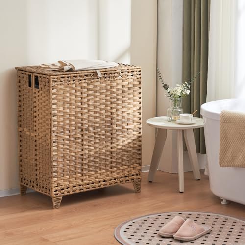 Laundry Hamper with Lid, 190L Large Laundry Basket 3 Section with 6 Removable Liner Bags & 3 Mesh Laundry Bags, Handwoven Rattan Clothes Hamper with Heightened Feet, No Install Needed, Natural - color: Natural
