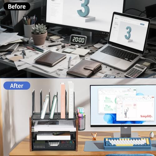 AUPSEN Desk Organizer with 5 Vertical File Holders, Storage Drawer & 2 Pen Holders, 5 Trays Paper Letter Tray Organizer, Mesh Desk Organizers and Accessories for Home Office (Vintage wood) - color: Vintage wood