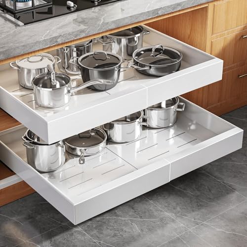 Seinloes 2 Pack Expandable Pull Out Cabinet Organizer 21"Deep With Raising Pad for Framed Cabinets,Upgrade 3 Slide Rails Slide Out Drawers,Roll Out Shelves Adhesive,Adjustable Width 15.15"-26.3" White - color: White, size: 21"D x 15.15"-26.3"W(2Pack)
