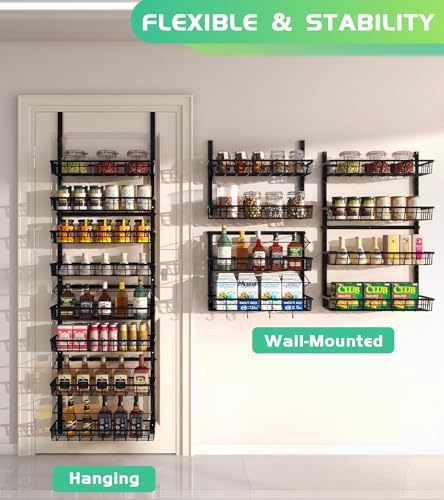 Mefirt Over The Door Pantry Organizer, Wall Mount Spice Rack, Pantry Hanging Storage and Organization, 8 Adjustable Baskets Heavy-Duty Metal for Home & Kitchen, Back of Door Seasoning Rack - Black - color: Black, size: 8-Tier